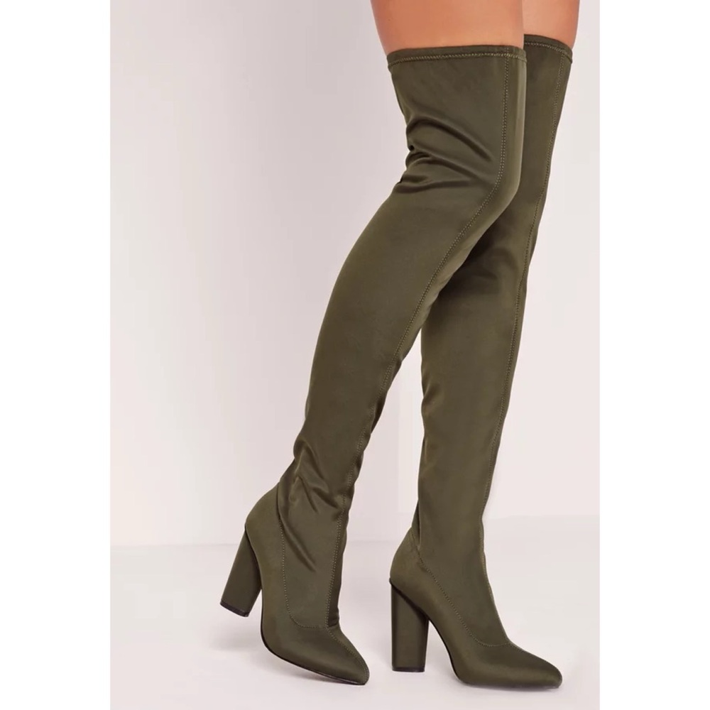 Missguided Pointed Toe Neoprene Over The Knee
Boot Khaki